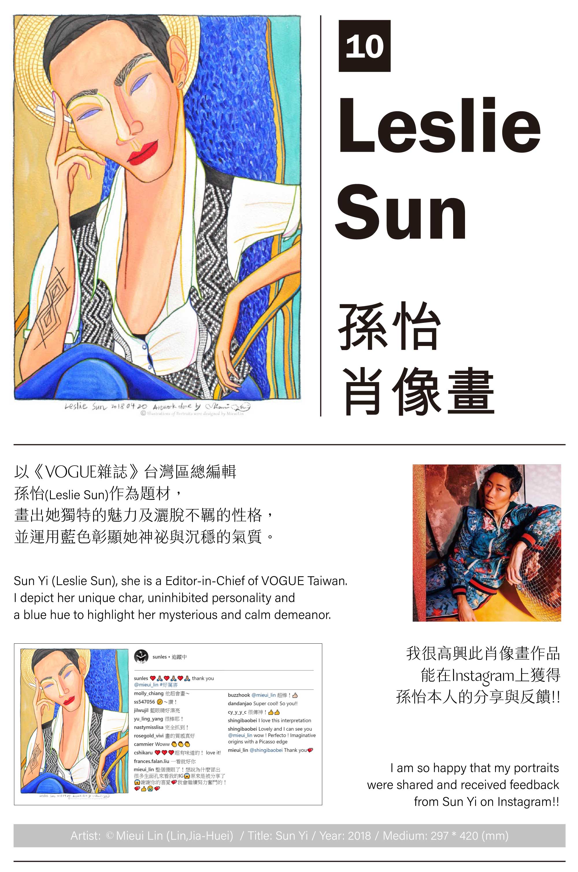 以《VOGUE雜誌》台灣區總編輯 孫怡(Leslie Sun)作為題材， 畫出她獨特的魅力及灑脫不羈的性格， 並運用藍色彰顯她神祕與沉穩的氣質。